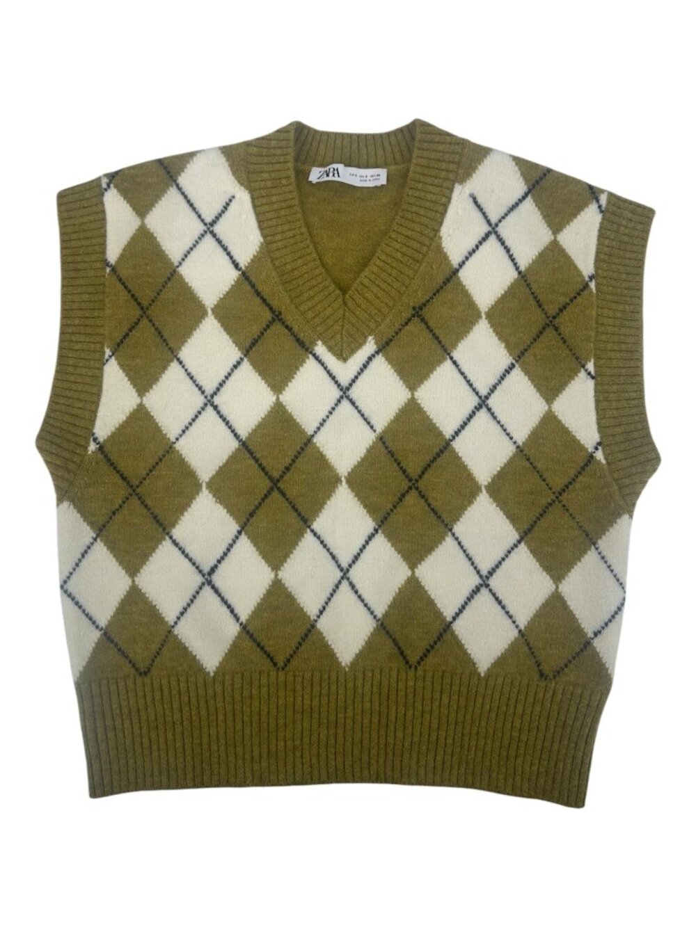 Zara Olive Green Argyle Sweater Vest Womens Small V-Neck Knit Preppy Cottagecore - Picture 3 of 7